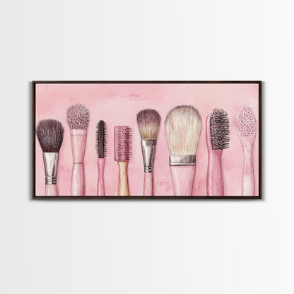 Makeup Brush Art Framed Canvas Print, Light Pink Chinoiserie Wall Art Whimsical Decor, Minimalist Art Rustic Wall Gift Idea