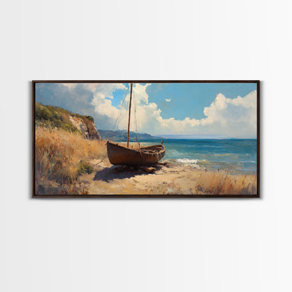 Rustic Sailboat Framed Canvas Print Nautical Wall Art Coastal Landscape Art Barn Landscape Oil Painting Rustic Decor Above Sofa Art