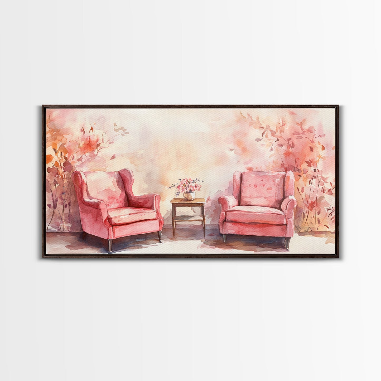 Cozy Pink Living Room Canvas Print with Chairs and Floral Decor, Perfect Rustic Wall Art for Fall or Above Couch Decor, Farmhouse Style