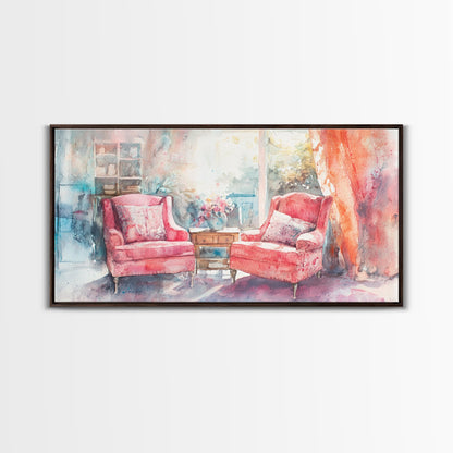 Cozy Armchair Canvas Print | Farmhouse Living Room Wall Art | Rustic Decor | Framed Canvas Print Gift Idea | Above Couch Pink Art