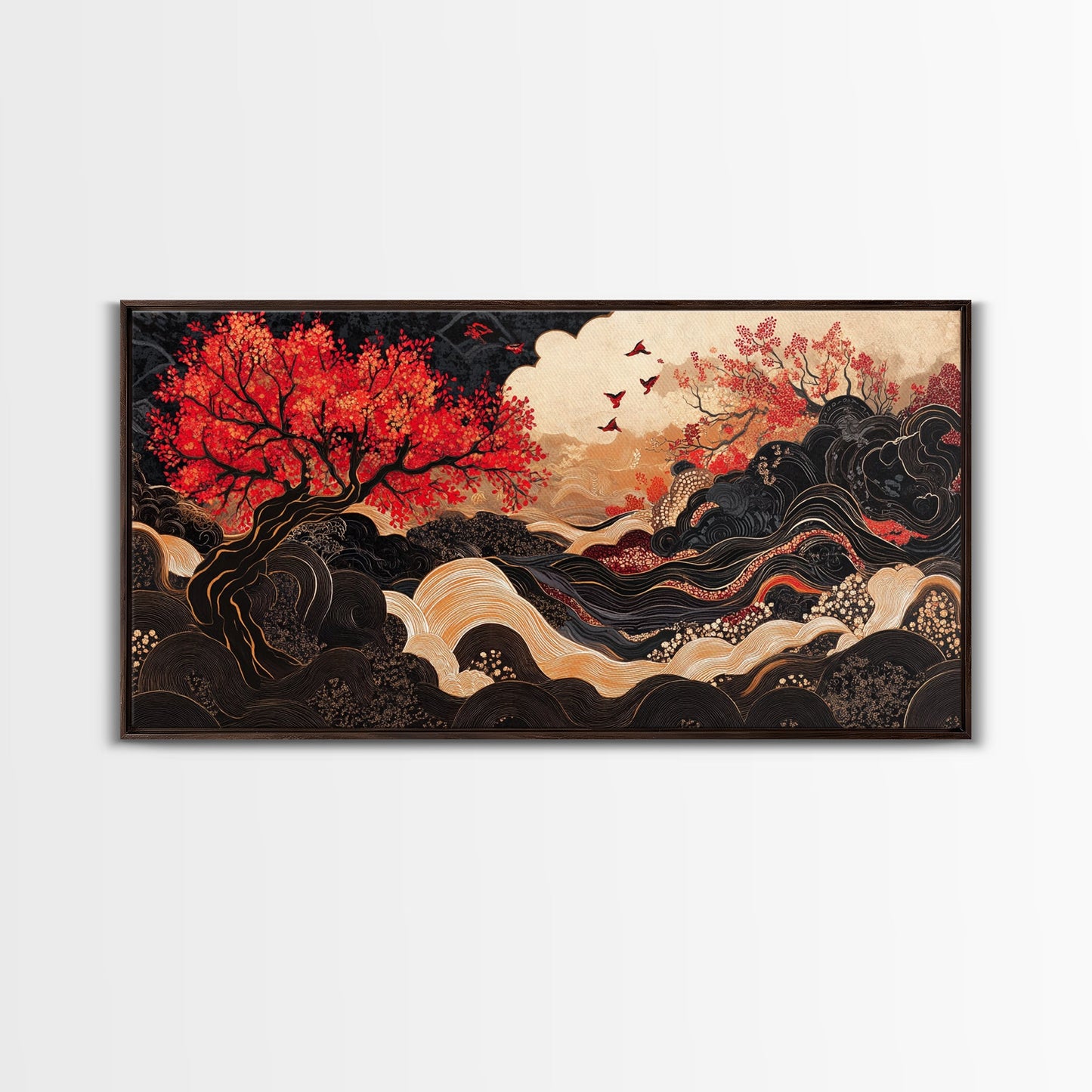 Japanese Inspired Framed Canvas Print Featuring Chinoiserie Wall Art and Autumn Tree Painting Unique Horizontal Living Room Art