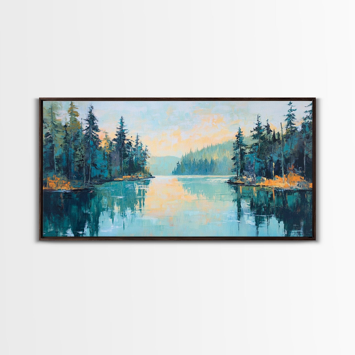 Tranquil Lake, pine tree art, landscape painting, smoky mountain art, panoramic painting, nature painting, Framed Canvas Print