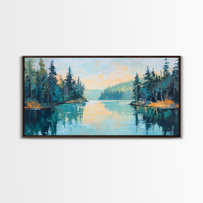 Tranquil Lake, pine tree art, landscape painting, smoky mountain art, panoramic painting, nature painting, Framed Canvas Print