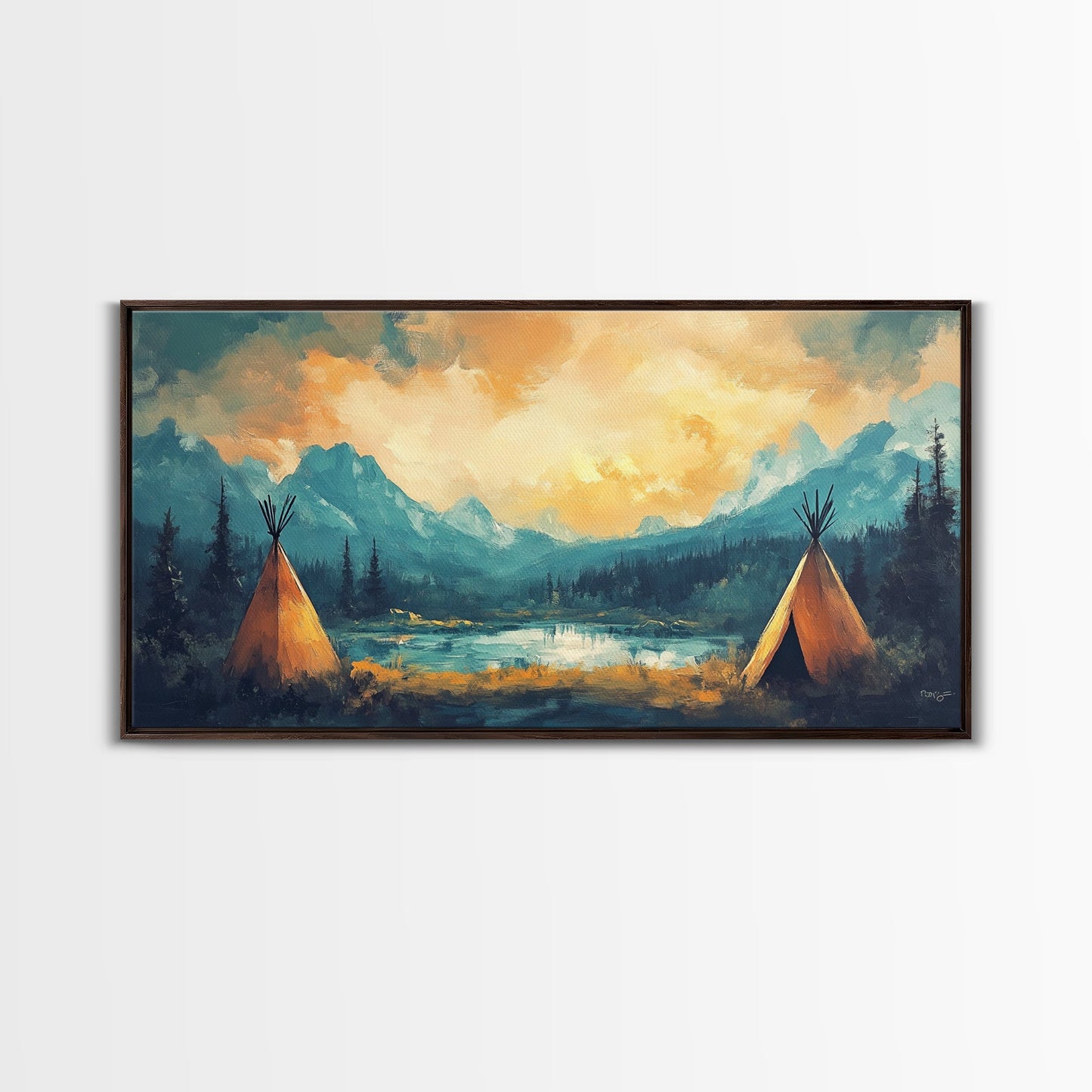 Teepee Camp, southwest wall art, landscape painting, mountain painting, rustic decor, moody art, Framed Canvas Print, panoramic painting