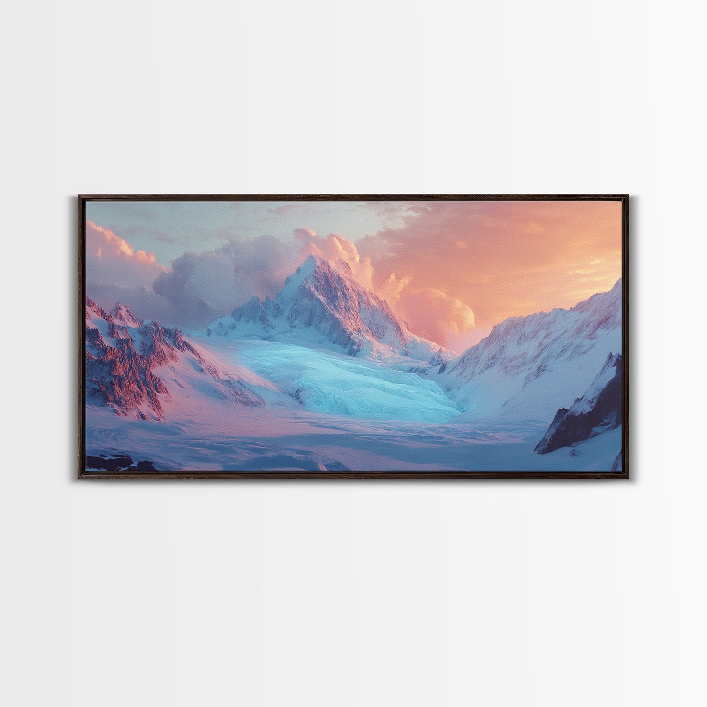 Snowy Mountain Scene, Landscape Painting, Moody Art, Extra Wide Art, Framed Canvas Print, Winter Decor, Bedroom Art