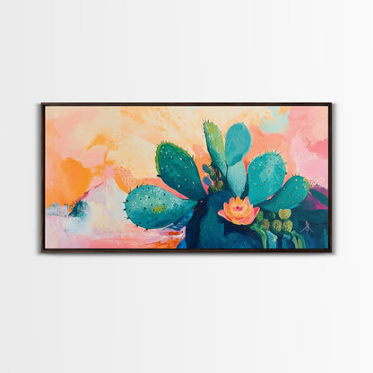 Prickly Pear Cactus, agave painting, southwest wall art, boho art, pink orange wall art, extra wide art, Framed Canvas Print