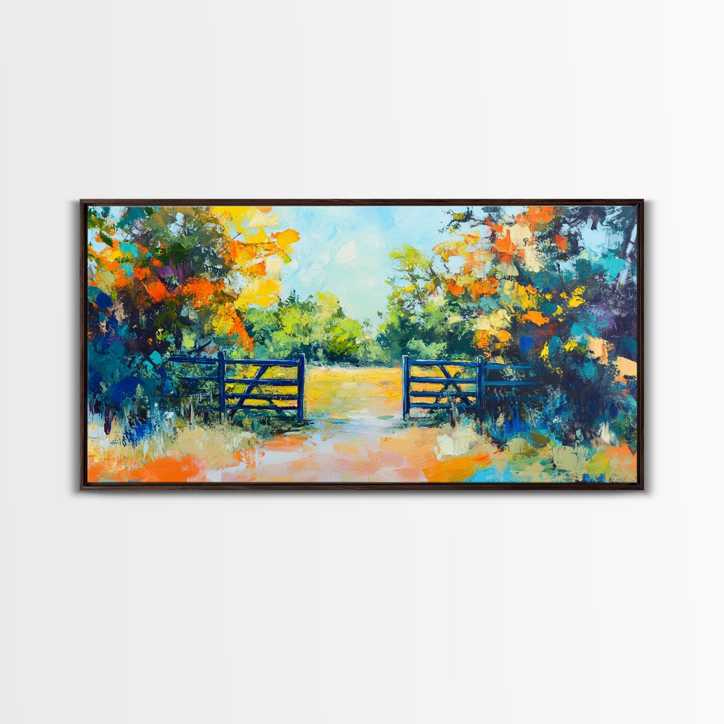 Open Gate, countryside painting, landscape art, framed canvas print, autumn wall art, farmhouse decor, rustic art, extra wide art