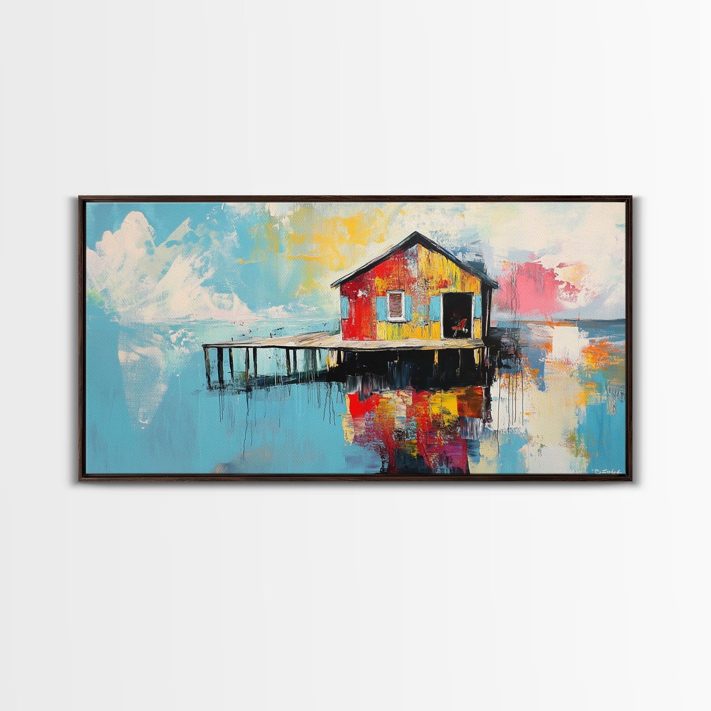 Colorful boathouse, lake reflection, coastal decor, seascape painting, nautical wall art, framed canvas print, extra wide art, gift idea