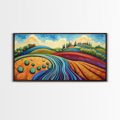 Whimsical Hills, rolling landscape, colorful fields, abstract nature, bold painting, extra wide art, Framed Canvas Print, rustic art