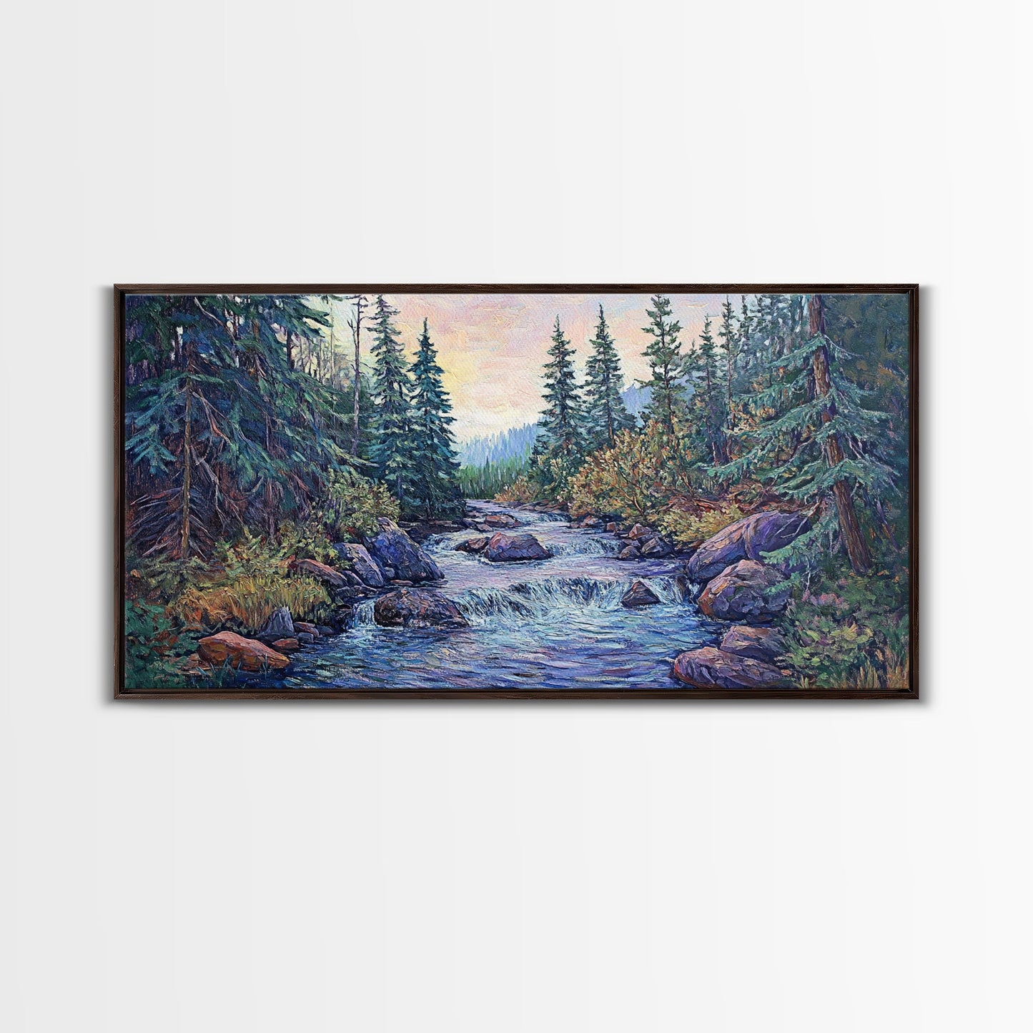 Forest River Scene, pine tree art, mountain painting, landscape painting, smoky mountain art, rustic decor, Framed Canvas Print