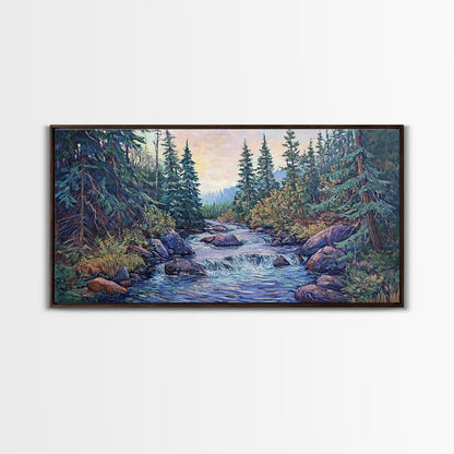 Forest River Scene, pine tree art, mountain painting, landscape painting, smoky mountain art, rustic decor, Framed Canvas Print