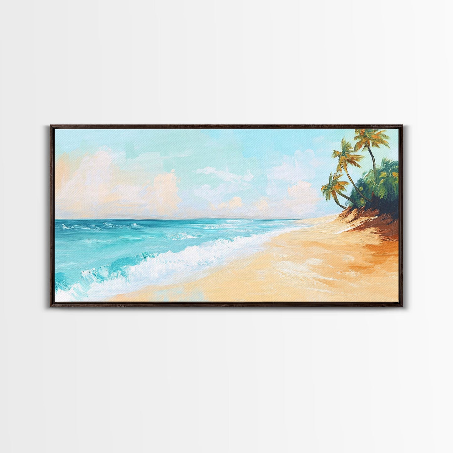 Tropical Beach, Coastal Landscape Art, Nautical Decor, Coastal Cowgirl Wall Art, Framed Canvas Print, Blue and Green Wall Art