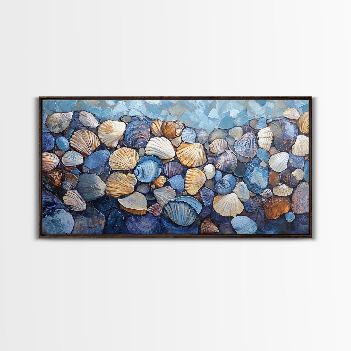 Seashell Beach Art, coastal wall art, oyster shell painting, blue and green wall art, framed canvas print, extra wide art