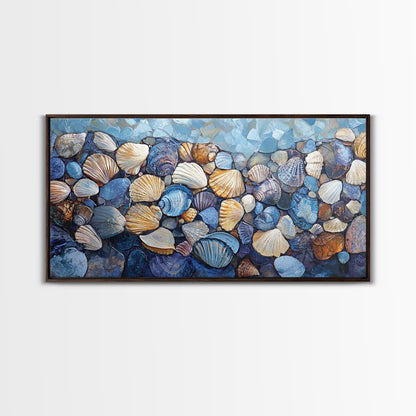Seashell Beach Art, coastal wall art, oyster shell painting, blue and green wall art, framed canvas print, extra wide art