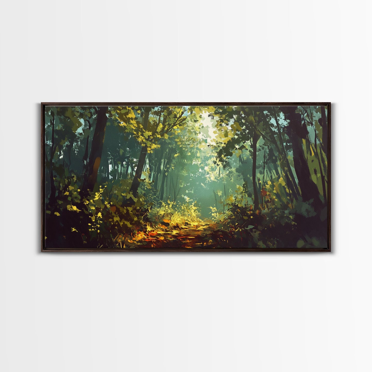 Forest Path, Sunlit Trees, Green Wall Art, Nature Landscape, Panoramic Painting, Rustic Wall Art, Framed Canvas Print