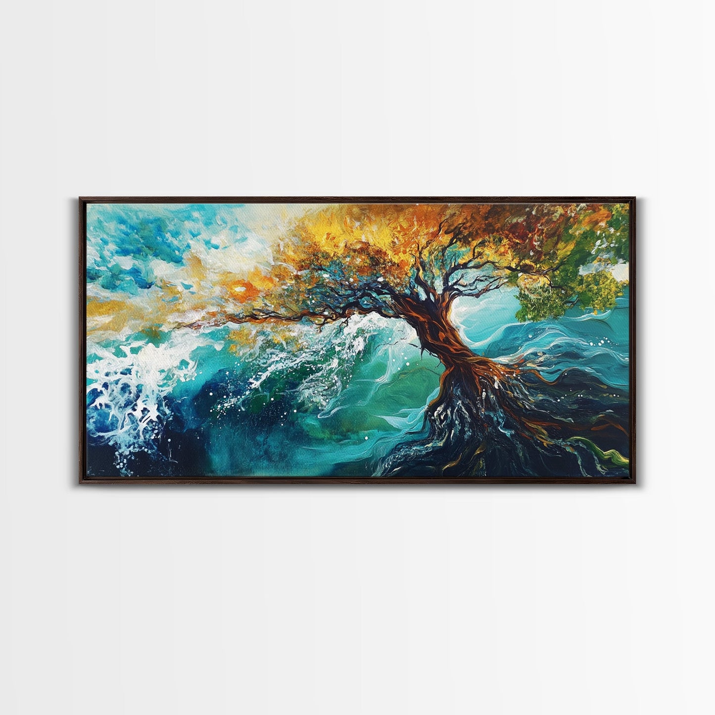 Tree in Waves, Canvas Print, coastal landscape art, wabi sabi art, extra wide painting, ocean painting, panoramic wall art