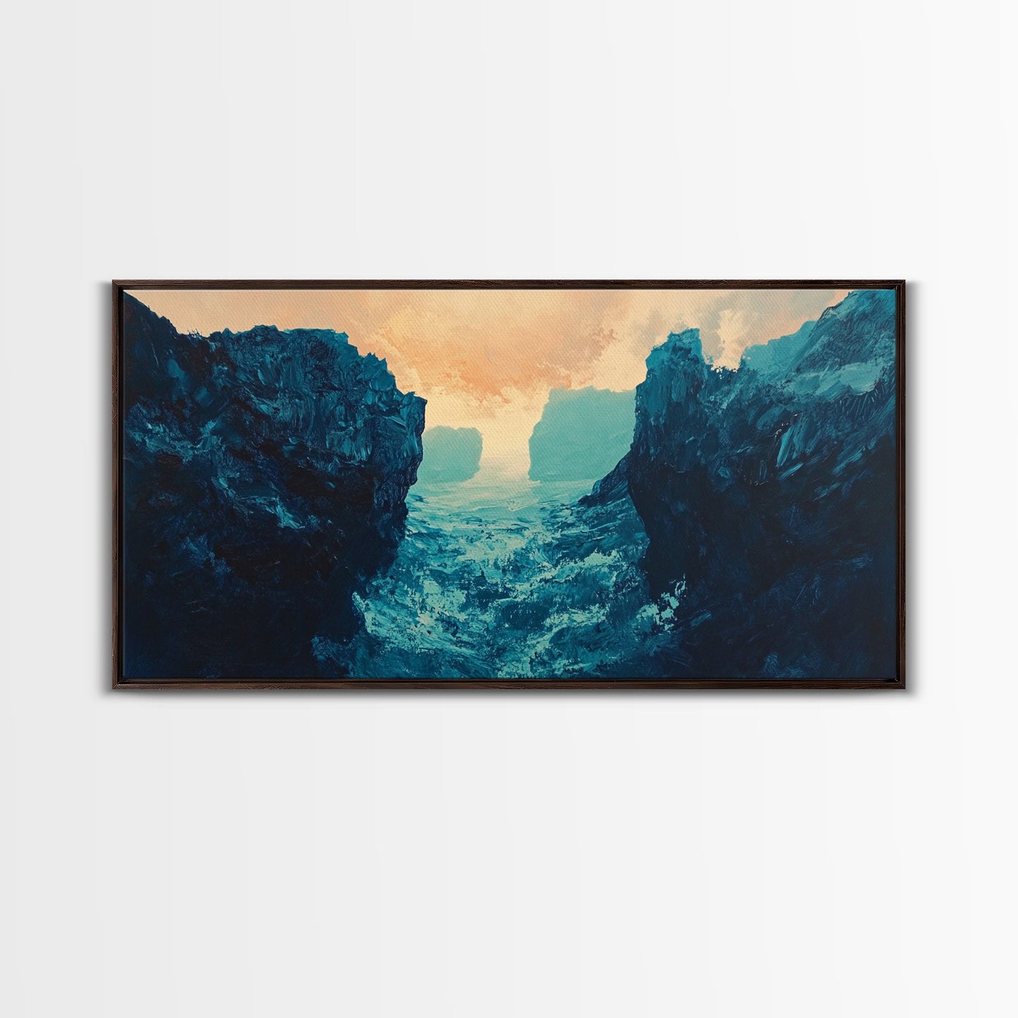 Moody Landscape, dramatic canyon, abstract oil painting, blue and green wall art, panoramic art, Framed Canvas Print, extra wide art
