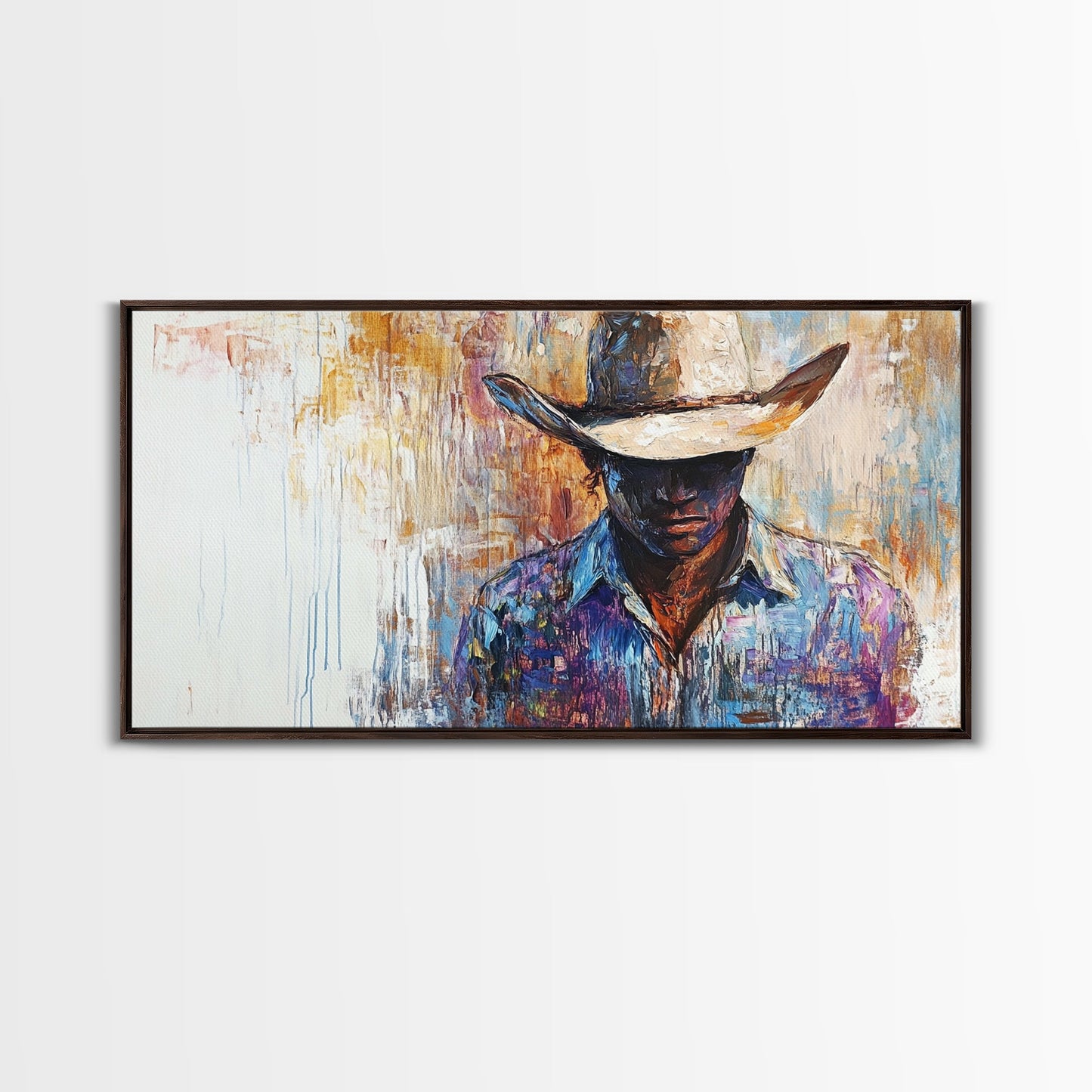 Western Cowboy, black cowgirl painting, rustic wall art, moody art, textured painting, cowboy hat art, farmhouse decor, Canvas Print