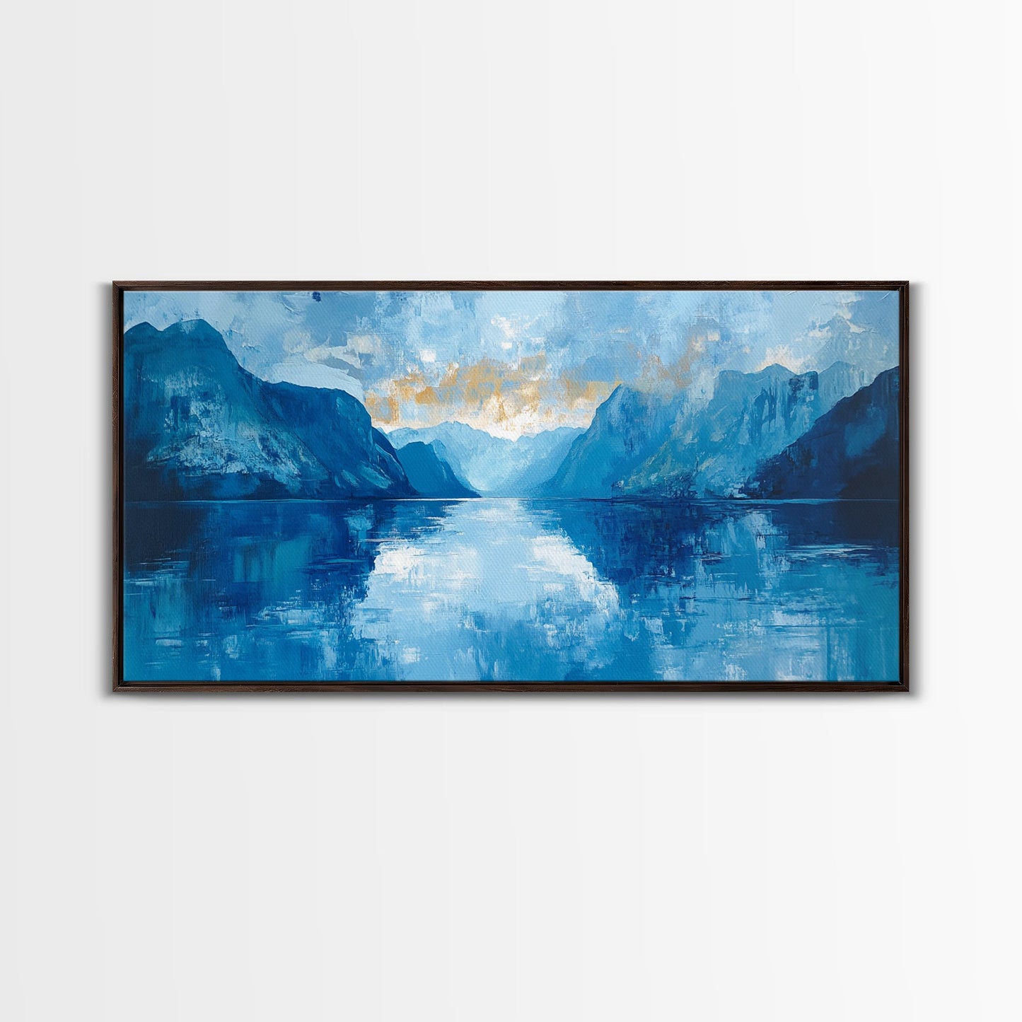 Fjord Painting, Blue and Green Wall Art, Lake Tahoe Art, Nautical Wall Art, Extra Wide Art, Panoramic Painting, Framed Canvas Print