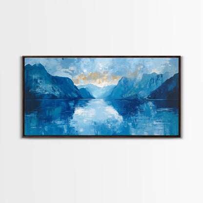 Fjord Painting, Blue and Green Wall Art, Lake Tahoe Art, Nautical Wall Art, Extra Wide Art, Panoramic Painting, Framed Canvas Print