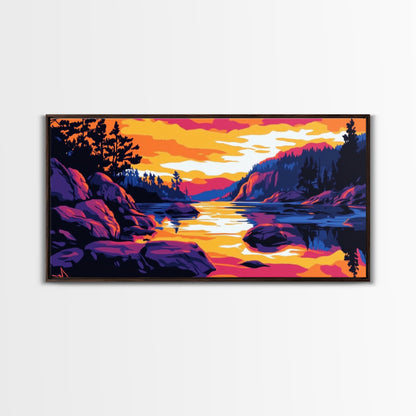 Golden Sunset, Rocky River, Mountain Reflection, Canvas Print, Rustic Lodge Wall Art, Autumn Home Decor, Warm Nature Painting, Colorful Art