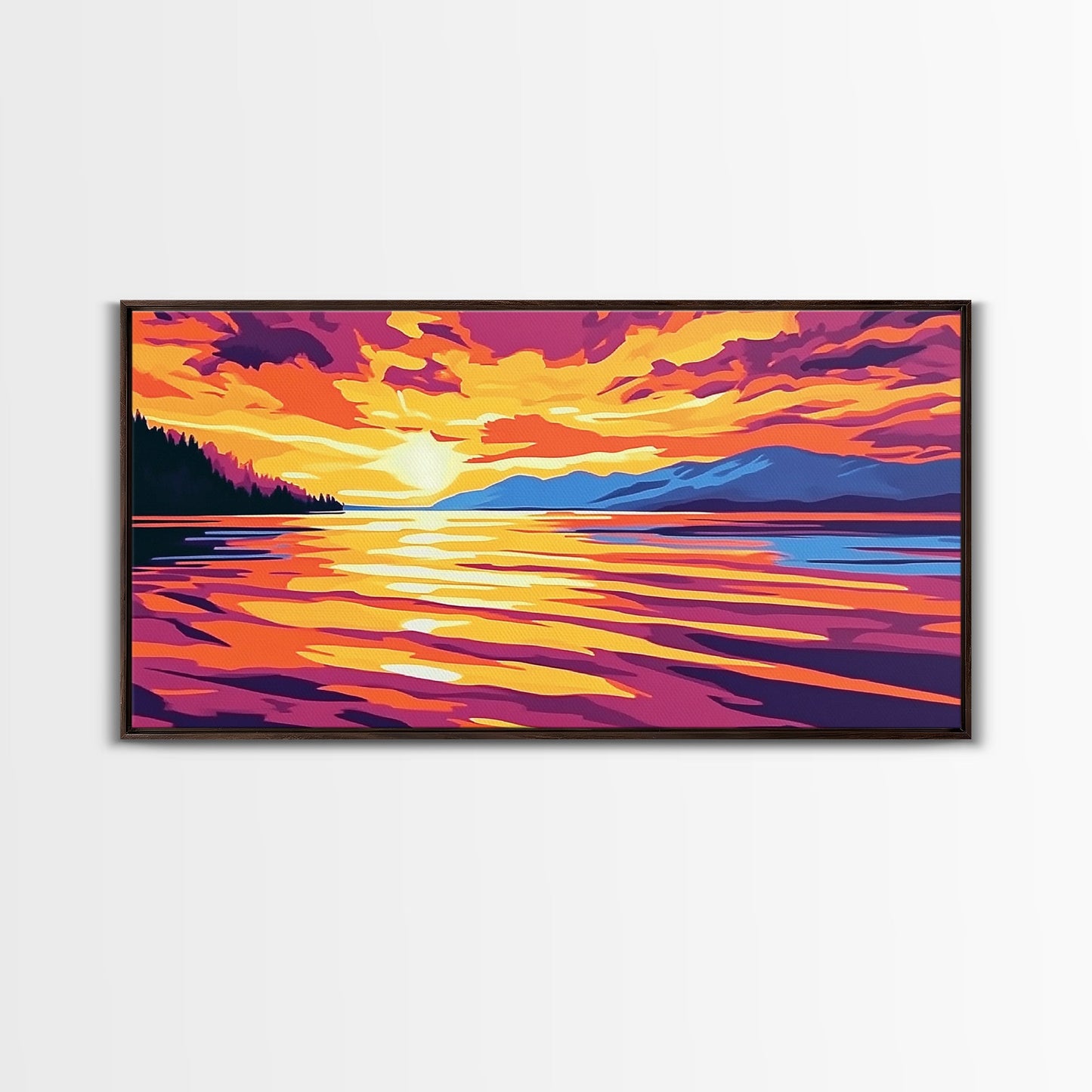 Sunset Glow, Serene Lake Reflection, Mountain Landscape Art, Vibrant Sky Painting, Framed Canvas Print, Office Wall Decor, Modern Home Art