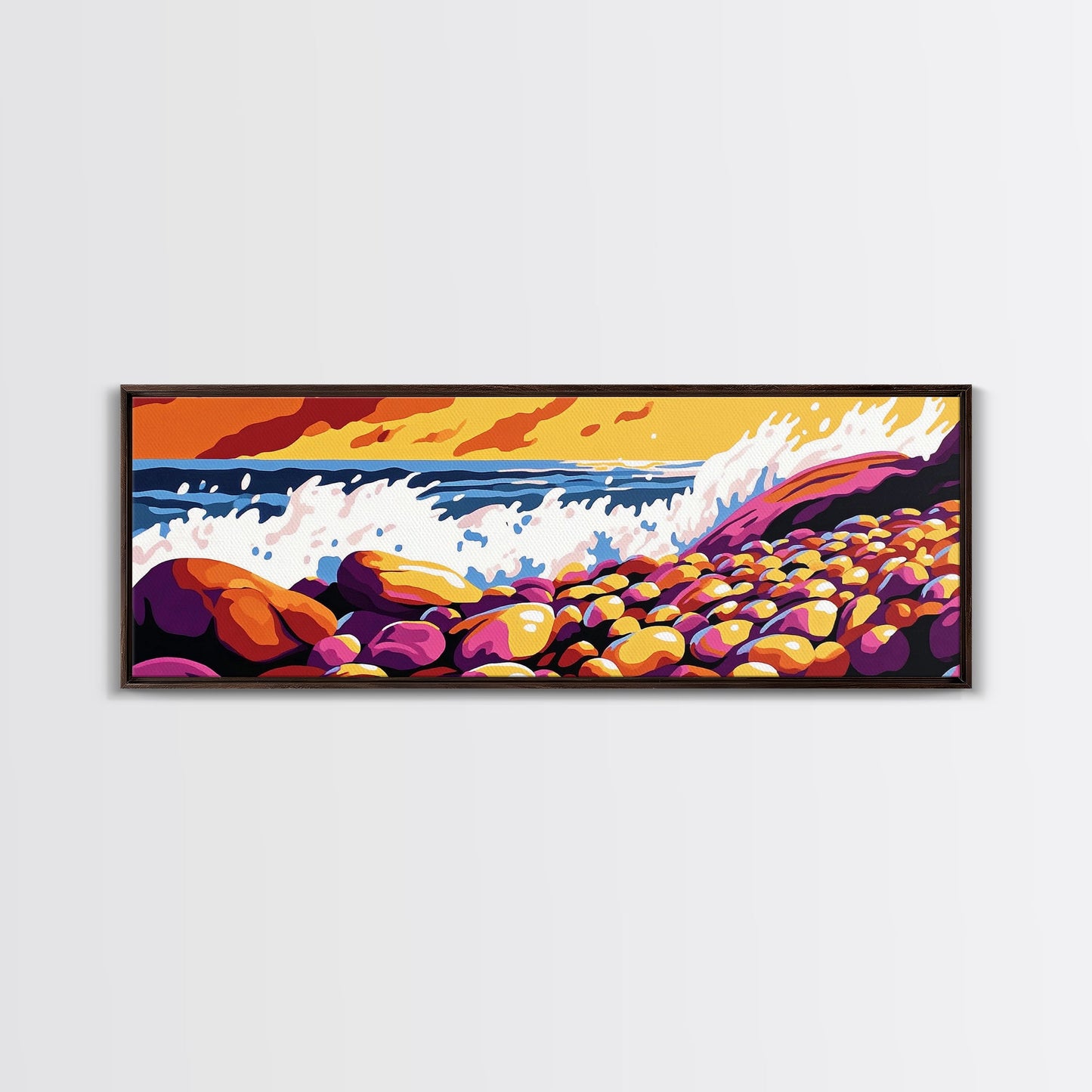 Ocean Waves, Rocky Shore, Coastal Landscape, Framed Canvas Print, Nautical Wall Art, Beach House Decor, Vibrant Seascape, Living Room Art