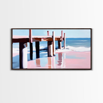 Beach Pier Painting, Coastal Ocean Scene, Nautical Seascape Art, Minimalist Modern Aesthetic, Relaxing Summer Wall Decor, Canvas Print