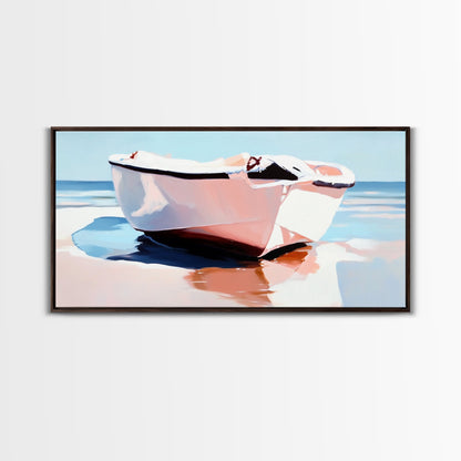 Beach Boat, Ocean Reflection, Coastal Calm, Canvas Print, Minimalist Nautical Art, Summer Home Decor, Living Room Wall Art, Tranquil Vibes