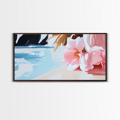 Blossom Beach, Floral Seascape, Coastal Art, Pastel Wall Decor, Living Room Art, Canvas Print, Minimalist Nature Painting, Tranquil Artwork