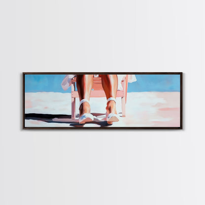 Woman Relaxing, Beach Chair Art, Coastal Summer Scene, Framed Canvas Print, Minimalist Boho Decor, Serene Seaside Home Artwork