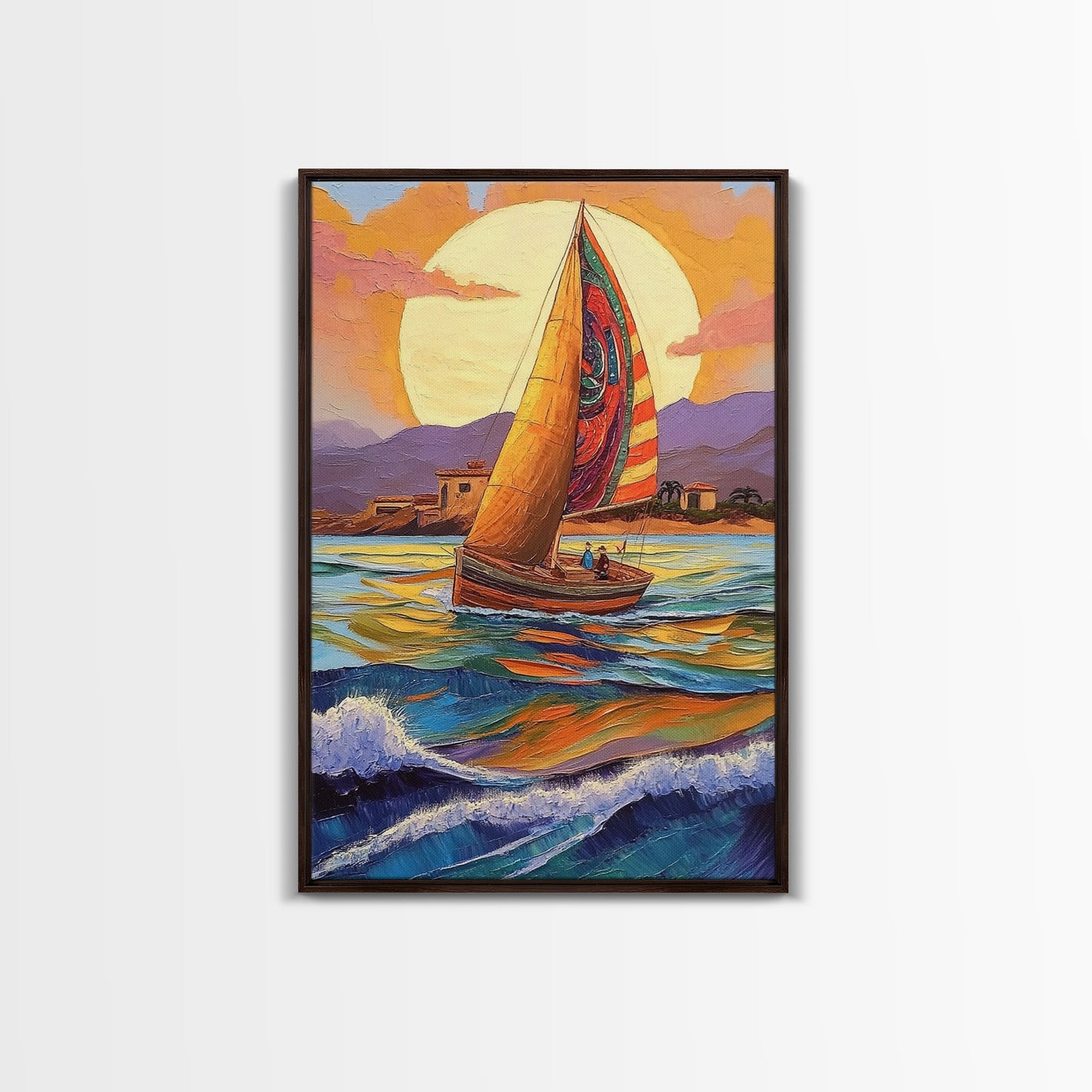 Colorful Sailboat, Coastal Adventure, Sunset Sea, Nautical Art, Living Room Wall Art, Tropical Decor, Framed Canvas Print, Ocean Vibes