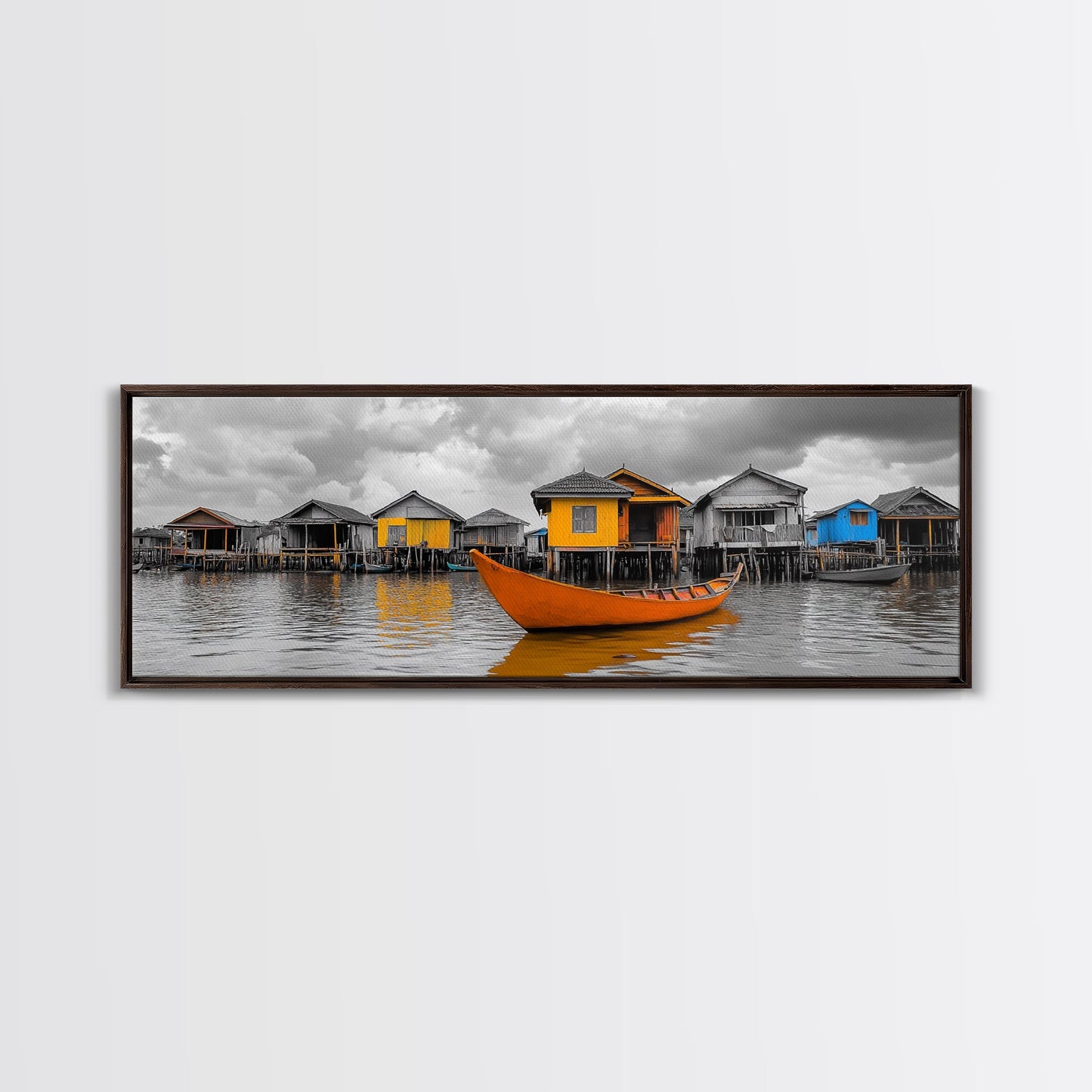Colorful House Boats, Yellow Stilt Village, Framed Canvas Print, Vibrant Coastal Wall Art, Travel Photography, Living Room Accent Decor
