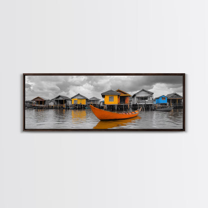 Colorful House Boats, Yellow Stilt Village, Framed Canvas Print, Vibrant Coastal Wall Art, Travel Photography, Living Room Accent Decor
