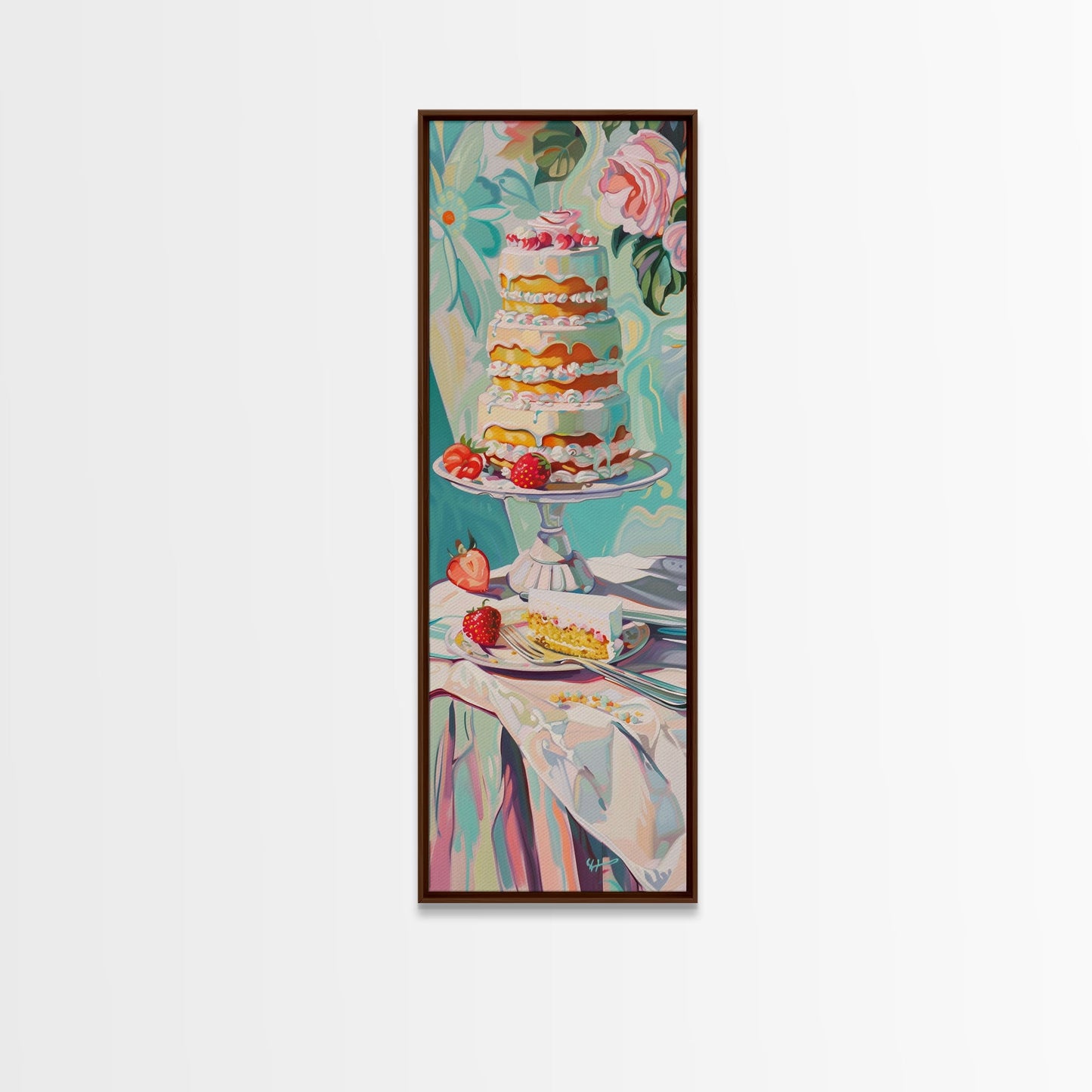 Cake Wall Art Framed and Printed on Canvas, Wall Art for Kitchen or Bakery, Food Art Print, Tall and Narrow Colorful Art for Kitchen