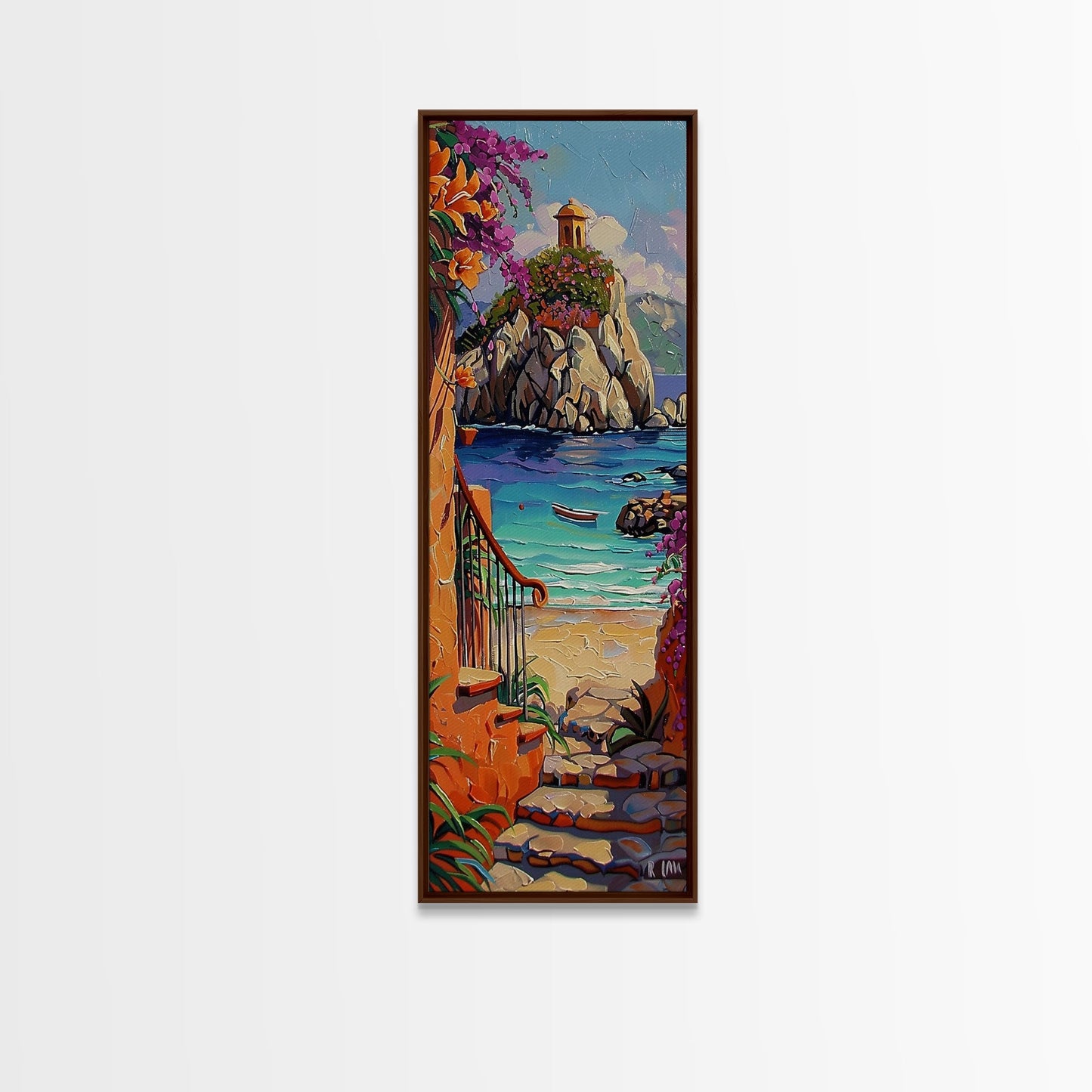 Coastal Wall Art Framed and Printed on Canvas, Surf Wall Art, Textured Canvas Painting Framed, Narrow Modern Wall Art for Office