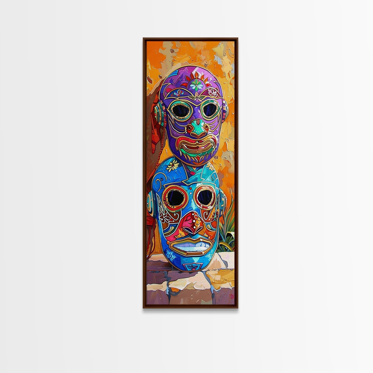 Colorful Tribal Art Painting Framed on Canvas, Spanish Style Canvas Painting, Vertical Framed Art for Living Room, Modern Canvas Art