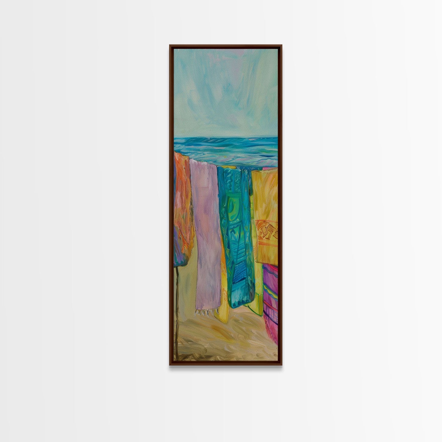 Colorful Laundry on Beach Landscape Art Print, Vertical Oversized Living Room Canvas Print Framed, Framed Wall Art for Laundry Room