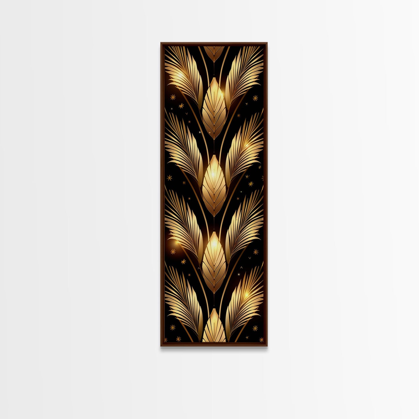 Gold Leaf Pattern on Black Background - Framed Canvas Print, Midcentury Modern Art, Skinny Art, Tall Art, Living Room Wall Decor, Minimalist Art