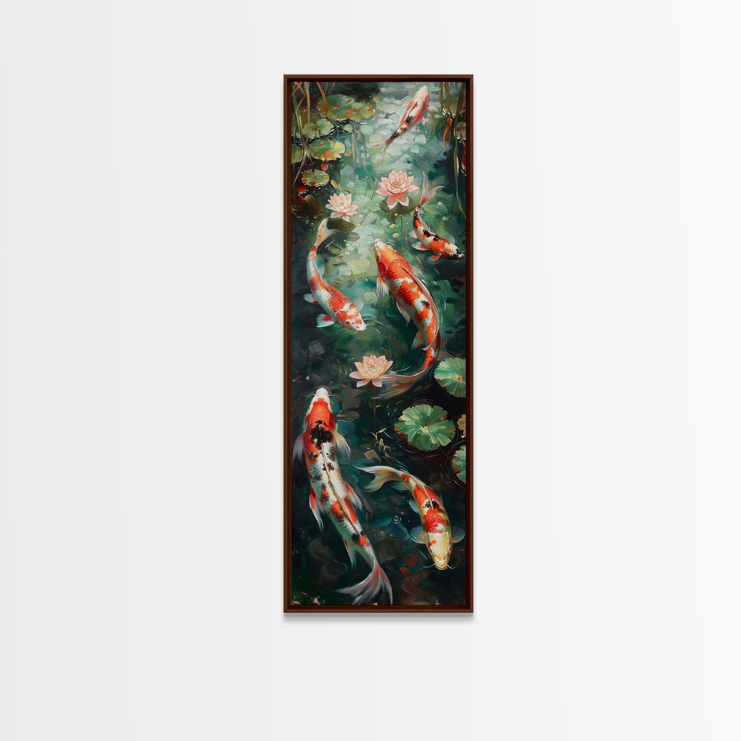 Mystic Forest Pond Koi Fish Boho Farmhouse Wall Art Framed Canvas Print Tall Art Japanese Style Art