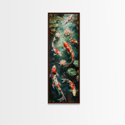 Mystic Forest Pond Koi Fish Boho Farmhouse Wall Art Framed Canvas Print Tall Art Japanese Style Art