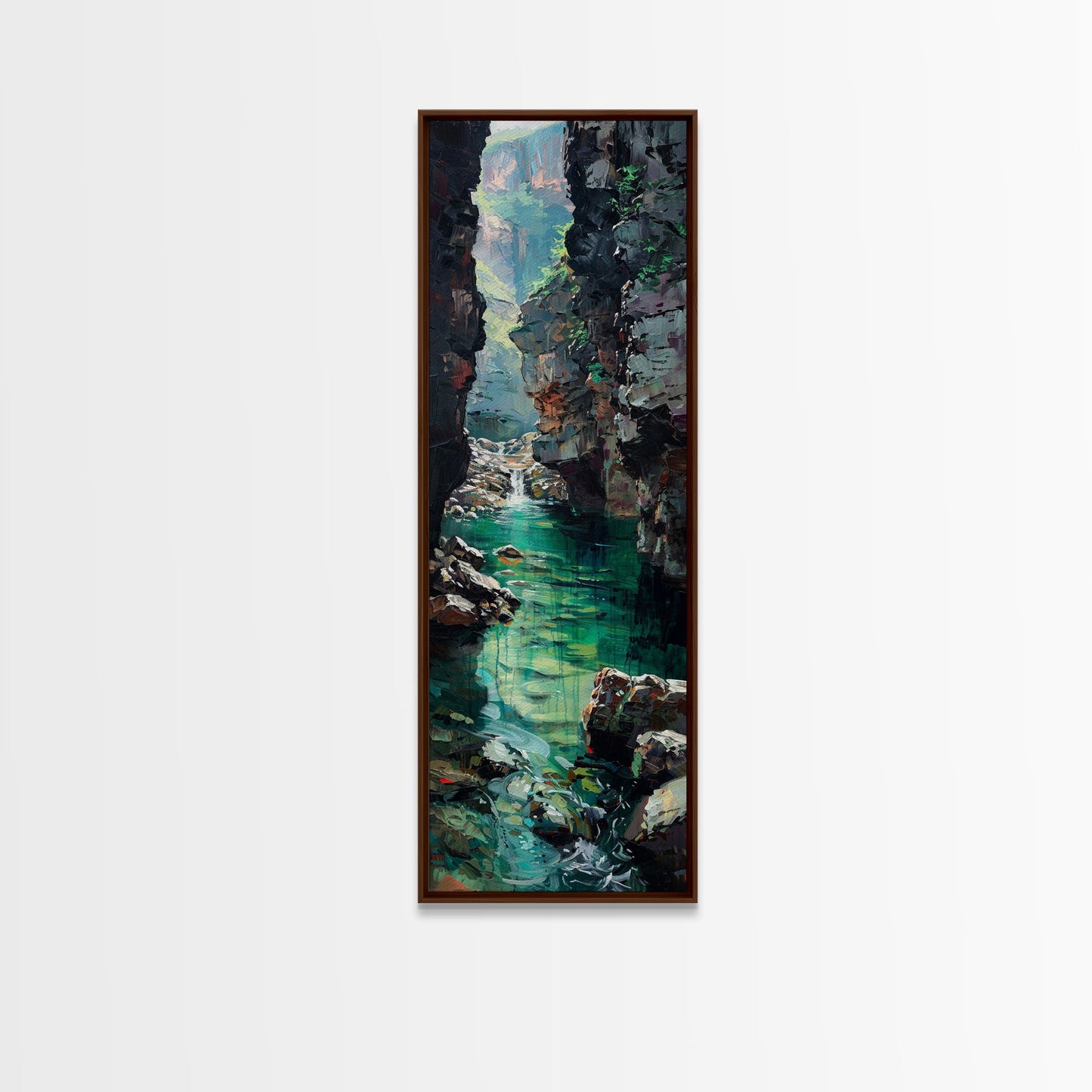 Serene Mountain River Gorge Scene Skinny Art Framed Canvas Print For Living Room Or Bedroom Wall Decor