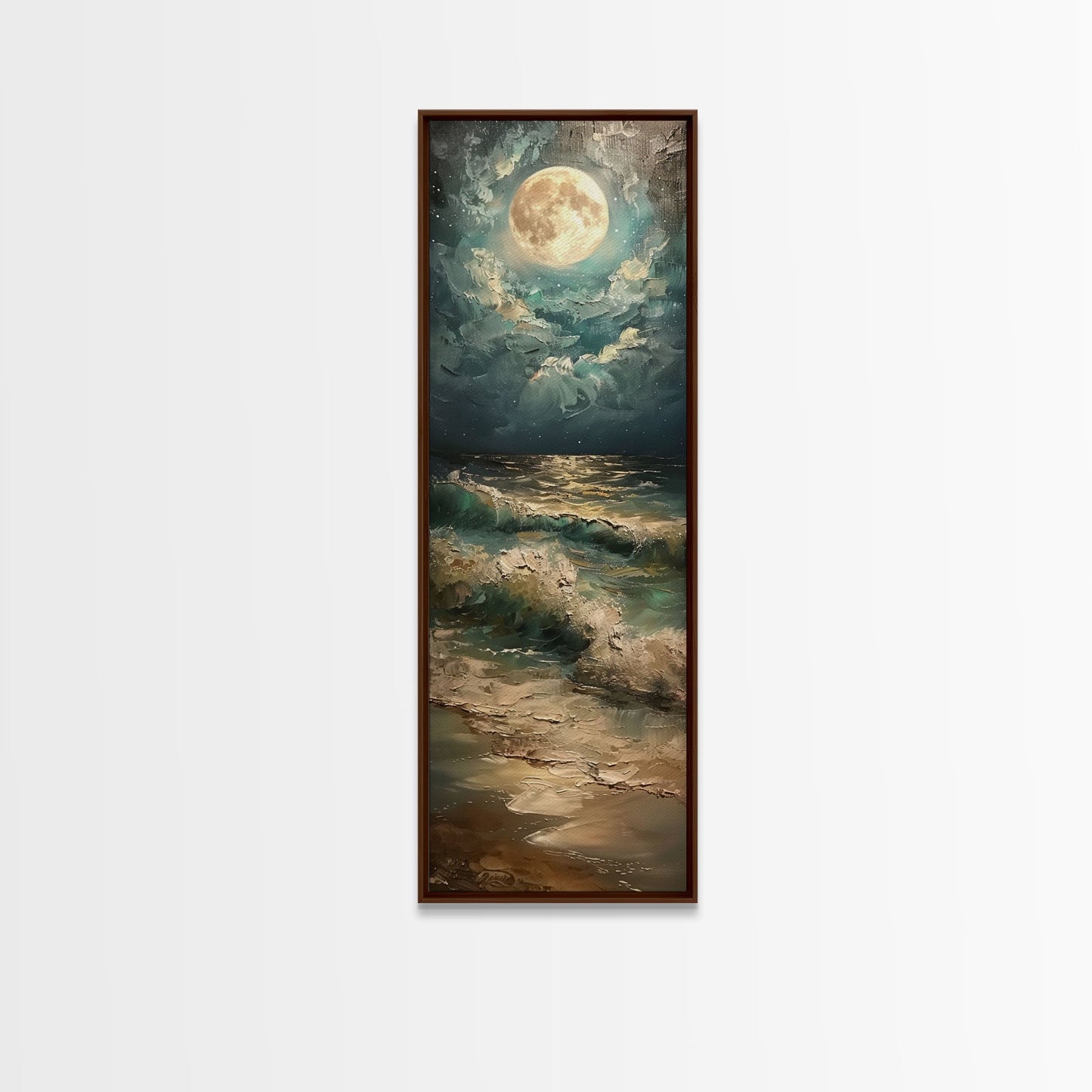 Mystical Moonlit Waves and Reflections Over the Ocean, Skinny and Tall Art, Captivating Landscape Painting, Framed Canvas Print, Wall Decor