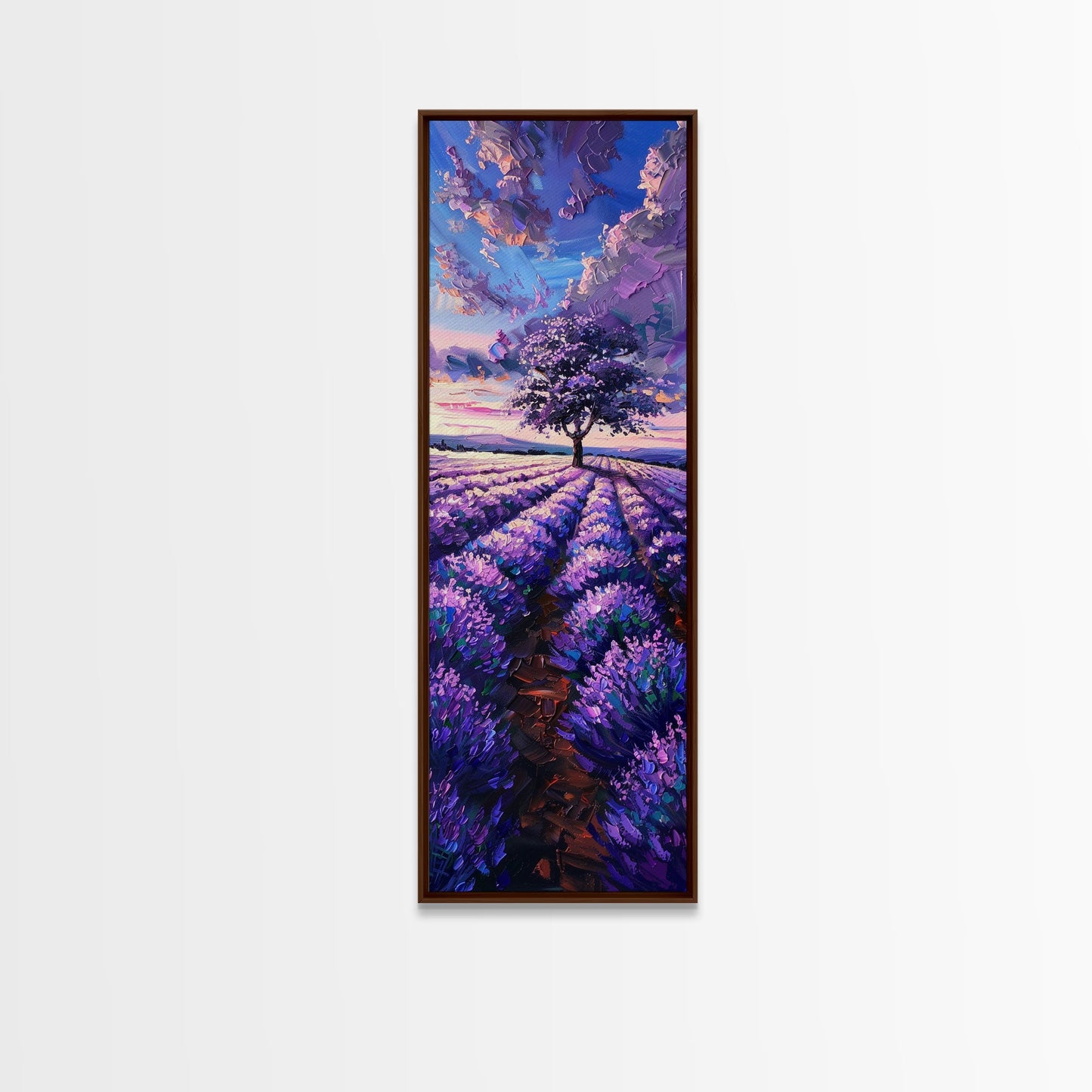 Majestic Lavender Tree in a Flower Field, Skinny and Tall Art, Serene Framed Canvas Print, Peaceful Home Decor
