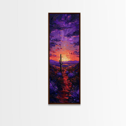 Colorful Sunset Over a Desert Landscape with a Saguaro Cactus and Dramatic Sky on a Framed Canvas Print Skinny Art Piece