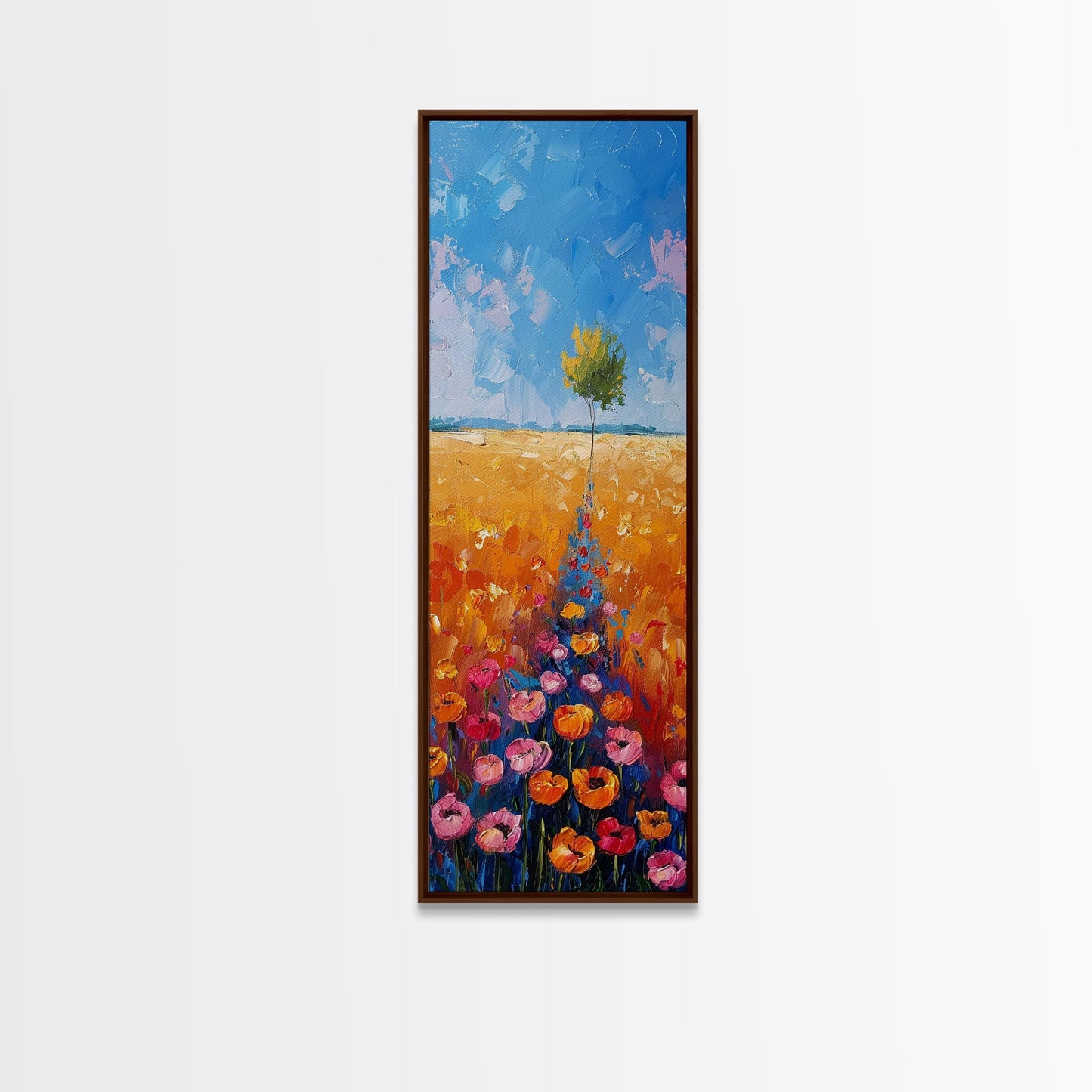 Colorful Wildflowers in a Field with a Lone Tree Under a Bright Blue Sky on a Framed Canvas Print Tall Art Piece