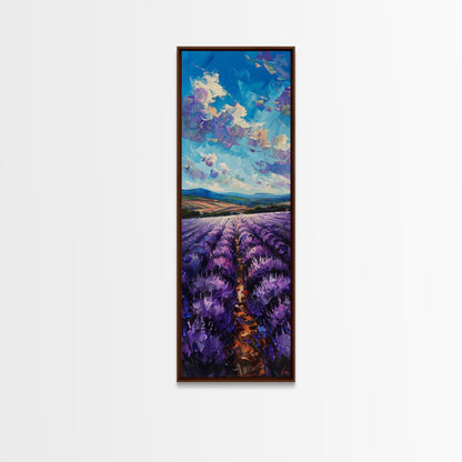 Framed Canvas Print of Wide Lavender Fields Under a Bright Sky Featuring Skinny Tall Art for Stunning Wall Decor in Home or Office