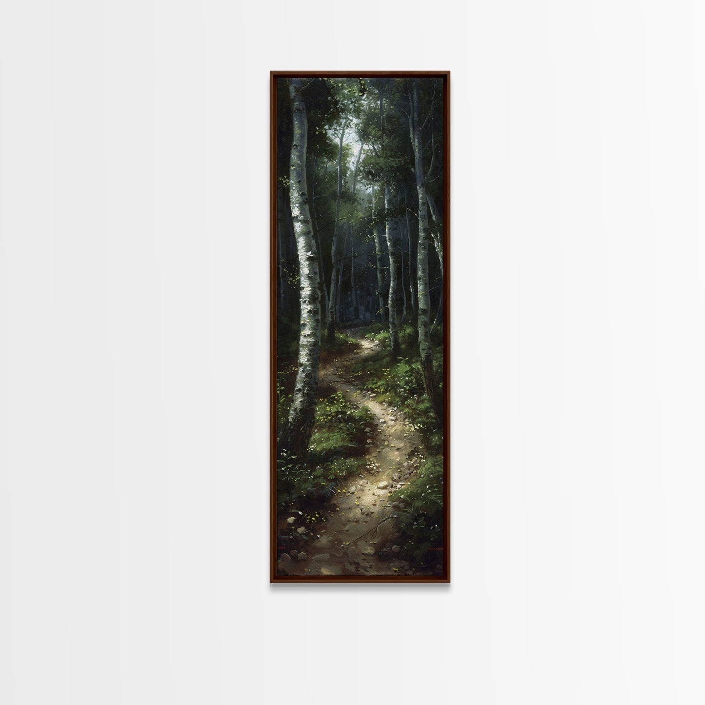 Mysterious Birch Forest Path Tall Skinny Art Framed Canvas Print for Serene and Calming Wall Decor in Homes or Offices