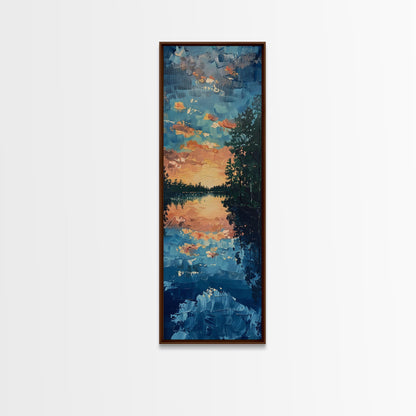 Reflective Sunset Over Calm Waters, Minimalist Farmhouse Art For Rustic Decor, Boho Style Wall Art In Tall Canvas Print