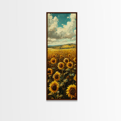Bright Sunflowers Field Warm Countryside Farmhouse Wall Art Framed Canvas Print Tall Art Ukiyo-e Japanese Style Art